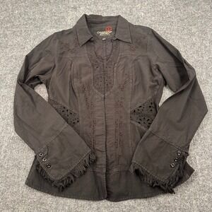 Y2K Western Eyelet Embroidered Peplum Blouse L Frayed Cuff‎ Black Casual Cotton